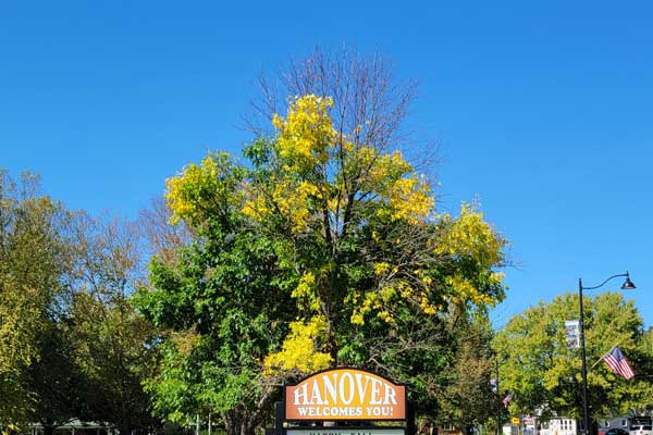Hanover welcome sign with fall foliage